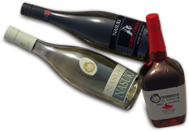 three bottles representing the Sicilian white and red wine, liquor